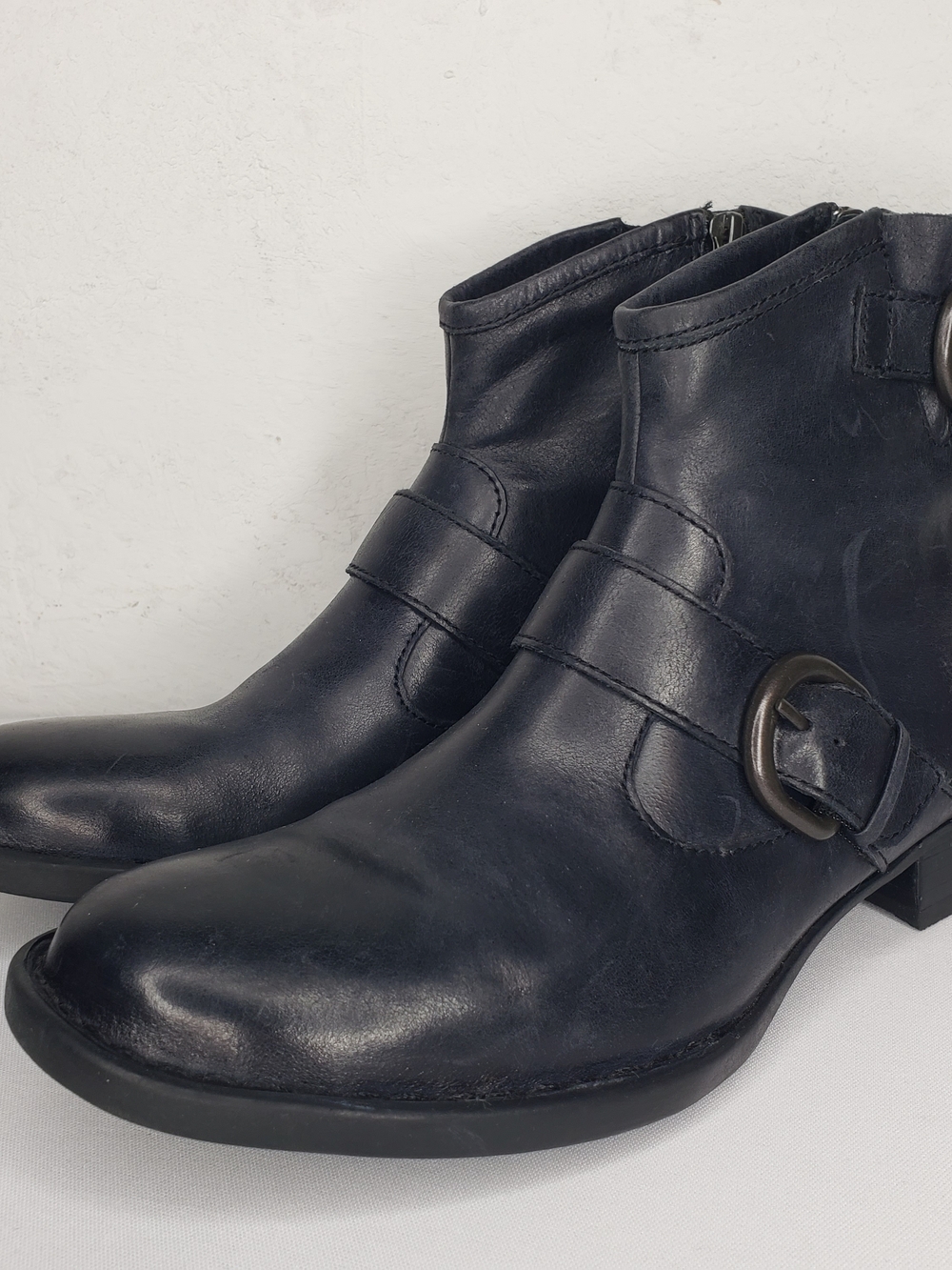 Born Black Leather Ankle Booties with Buckle Accent
